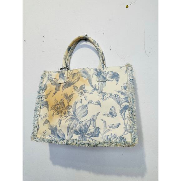 SANDRO Women's Blue Floral Print Magnetic Closure Frayed Edges Kasbah Tote Bag - Picture 8 of 16
